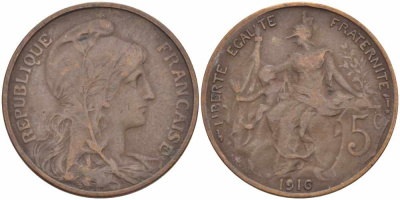 ФРАНЦИЯ 5 САНТИМОВ 1916 ТИП ДАНИЭЛЬ ДЮПЮИ, INCLUS KM 842, LE FRANC 119.29 бронза 108-951