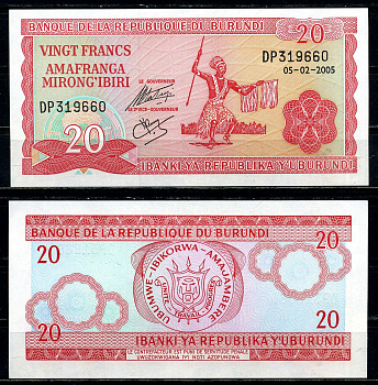 Бурунди 20 франков 2005 Pick 27 d бумага 2119-11-3-2