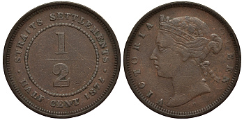 Стрейтс-Сетлментс 1/2 цента 1872 Виктория (1837-1901) KM 8 бронза 1524-1114