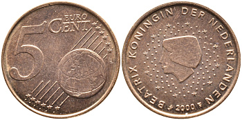 Нидерланды 5 евроцентов 2000 KM 236 сталь плакированная медью UNC 259-614