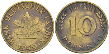 ФРГ 10 ПФЕННИГОВ 1949 F KM 103, J. 378 сталь плакированная латунью 77-842
