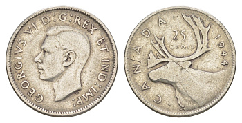 Канада 25 центов 1944 Георг VI (1936-1952), олень KM 35 серебро 4631-853