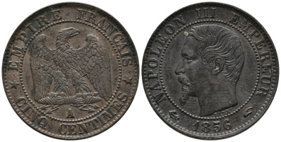 ФРАНЦИЯ 5 САНТИМОВ 1856 А, НАПОЛЕОН III (1852-1870) KM 777.1, LE FRANC 116.30 бронза 34-1157