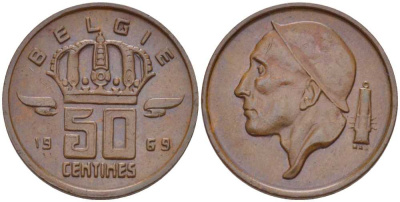 Бельгия 50 сантимов 1969 Belgie, Бодуэн I (1951-1993) KM 149.1 бронза 214-213