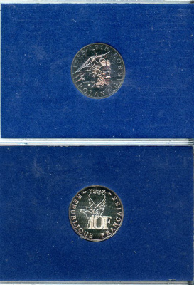 Франция 10 франков 1988 100 лет со дня рождения Ролан Гарроса (1888-1918), самолет, в оригинальной упаковке KM 965b серебро  PROOF  1-6-4-20