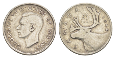 Канада 25 центов 1944 Георг VI (1936-1952), олень KM 35 серебро 4631-853