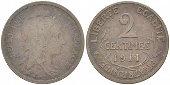 ФРАНЦИЯ 2 САНТИМА 1911 ТРЕТЬЯ РЕСПУБЛИКА (1871-1940) KM 841 бронза 3955-259