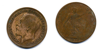 Великобритания 1 пенни 1920 Георг V (1910-1936) КМ 810, Spink 4051 бронза 47-343