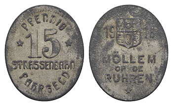 Мюльхайм-на-Руре 15 пфеннигов 1918 трамвайный жетон Men05 17145.1, Men18 21509.1 никель плакированный цинком 4548-924