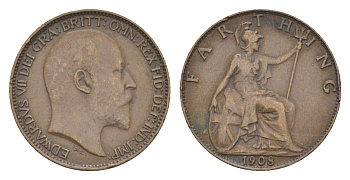 Великобритания 1 фартинг 1908 Эдуард VII (1901-1910) KM 792, Spink 3992 бронза 4630-219
