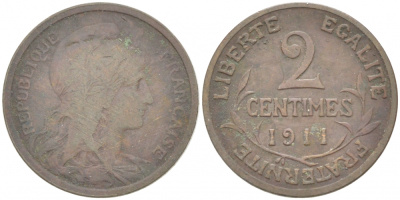 ФРАНЦИЯ 2 САНТИМА 1911 ТРЕТЬЯ РЕСПУБЛИКА (1871-1940) KM 841 бронза 3955-259