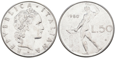 Италия 50 лир 1980 R, Бог огня Вулкан у наковальни KM 95.1 нержавеющая сталь 4529-312