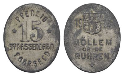 Мюльхайм-на-Руре 15 пфеннигов 1918 трамвайный жетон Men05 17145.1, Men18 21509.1 никель плакированный цинком 4548-924