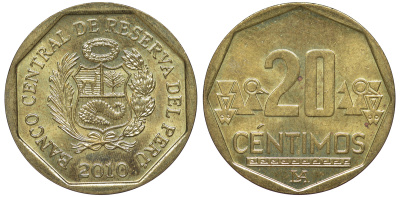 Перу 20 сентимо 2008 KM 306.4 латунь aUNC 4605-515