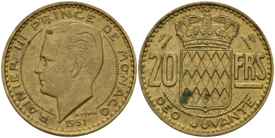 Монако 20 франков 1951 Ренье III (1949-2005) KM 131 алюминиевая бронза    4601-834