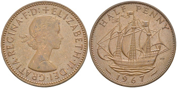 Великобритания 1/2 пенни 1967 Елизавета II (1952-2022) KM 896, Spink 4158 бронза 4544-212