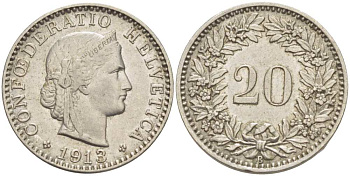 ШВЕЙЦАРИЯ 20 РАППЕНОВ 1913 В KM 29 никель 4513-247