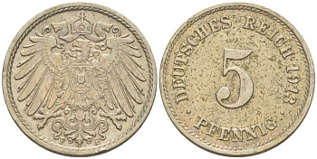 ГЕРМАНИЯ 5 ПФЕННИГОВ 1913 F KM 11, J. 12, Weege 6 медно-никель 206-1015