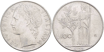 ИТАЛИЯ 100 ЛИР 1959 R, АФИНА У ОЛИВКОВОГО ДЕРЕВА KM 96.1 нержавеющая сталь 4545-624