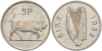 Ирландия 5 пенсов 1982 бык KM 22 медно-никель 4141-313