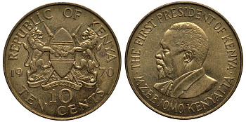 Кения 10 центов 1970 Джомо Кениата KM 11 никель латунь XF-UNC 4185-726