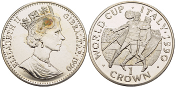 Гибралтар 1 крона 1990 чемпионат мира по футболу в Италии 1990 года, два игрока, игра головой KM 36 медно-никель BUNC 00-00-00