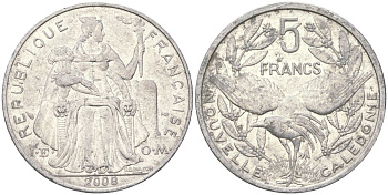 Французская Новая Каледония 5 франков 2008 птица кагу, (IEOM) KM 16, Schoen 12, Lec 81k алюминий 221-615