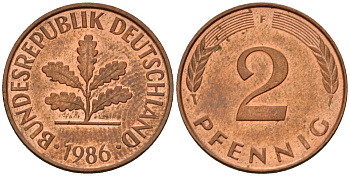 ФРГ 2 пфеннига 1986 F KM 106a, J.381 сталь плакированная медью 4602-821