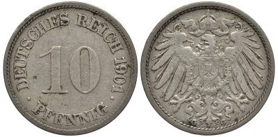 Германия 10 пфеннигов 1901 G KM 12, Jager 13, Weege 8 медно-никель 219-344