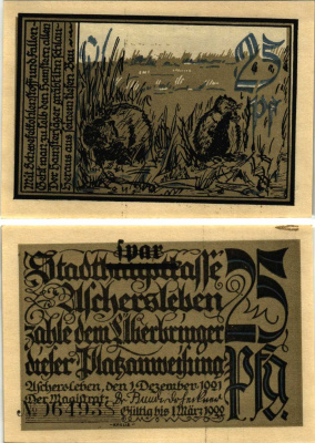 Германия, Ашерслебен 25 пфеннигов 1921 нотгельд, 1 декабря 1921 - 1 марта 1922, бобры, земля Саксония-Анхальт Grabowski 50.5а  бумага   8608-24-1-1