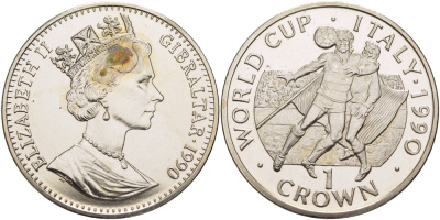 Гибралтар 1 крона 1990 чемпионат мира по футболу в Италии 1990 года, два игрока, игра головой KM 36 медно-никель BUNC 00-00-00