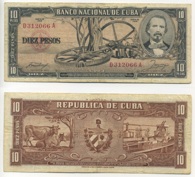 Куба 10 песо 1958 Карлос Мануэль Сеспедес, коровы, молочная ферма Pick 88 b бумага 439-7-1-1