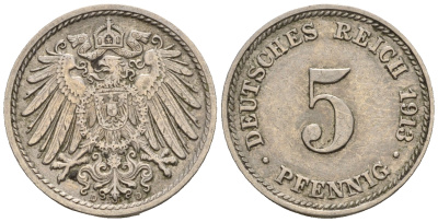 Германия 5 пфеннигов 1913 D, KM 11, J. 12 медно-никель 220-669