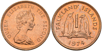 Фолклендские острова 1 пенни 1974 Елизавета II (1952-2022), папуанский пингвин KM 2 бронза 4152-1262