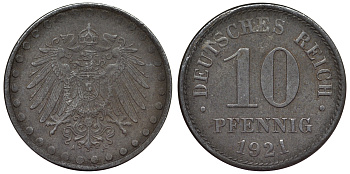 Германия 10 пфеннигов 1921 A KM 20, J. 298 железо 4119-126