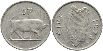 ИРЛАНДИЯ 5 ПЕНСОВ 1978 БЫК KM 22 медно-никель 4397-142
