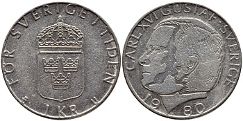 Швеция 1 крона 1980 Карл XVI Густав (1973- ) KM 852 медь плакированная медно-никелем 4397-935