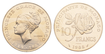Монако 10 франков 1982 Смерть принцессы Грейс, Essai - Пробник, в запайке KM E72 медь алюминий никель BU 1531-343