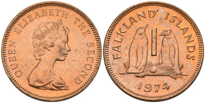 Фолклендские острова 1 пенни 1974 Елизавета II (1952-2022), папуанский пингвин KM 2 бронза 4152-1262
