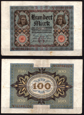 Германия 100 марок 1922 Веймар,7 цифр в номере, G, «Бамбергский всадник» из оперы «Купол Бамберга». Pick 69 a бумага 6289-17-1-1
