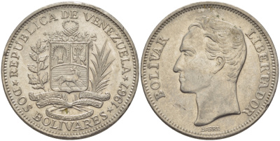 Венесуэла 2 боливара 1967 Симон Боливар KM 43 никель 82-1023