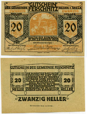 Австрия, Фершниц 20 геллеров 1920 5 апреля 1920 - 31 декабря 1920, нотгельд, ярмарочная коммуна в земле Нижняя Австрия   бумага  UNC (пресс) 7221-26-1-2