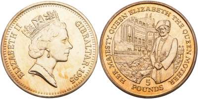 Гибралтар 5 фунтов 1995 королева Елизавета (королева мать), бомба у Букингемского дворца KM 334 никель медь цинк UNC 1095-2-11
