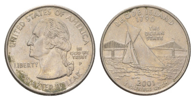 США 25 центов (квотер, 1/4 доллара) 2001 P, Квотер штата Род-Айленд KM 320 медь плакированный медно-никелем UNC 4628-1211