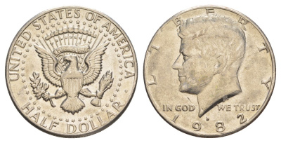 США 1/2 доллара (50 центов) 1982 D, Джон Кеннеди KM A202b медь плакированная медно-никелем aUNC 4367-511