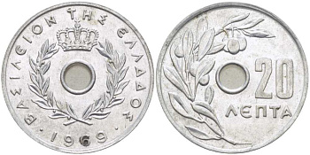 Греция 20 лепта 1969 Константин II (1964-1974), оливковая ветвь KM 79 алюминий UNC 28-934