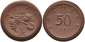 Саксония 50 пфеннигов 1921 виноград и лопата J. N 54 фарфор 1094-5-65