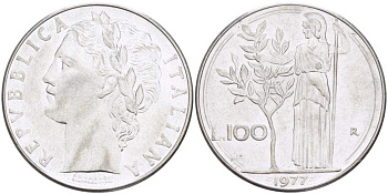 ИТАЛИЯ 100 ЛИР 1977 R, АФИНА, ДИАМЕТР 28 ММ. KM 96.1 нержавеющая сталь 4389-623
