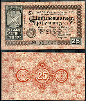 Германия, Кастроп 25 пфеннигов 1917 нотгельд, 15.5.1917, широкие цифры Tieste 1105/10 бумага UNC (пресс) 8614-44-3-2