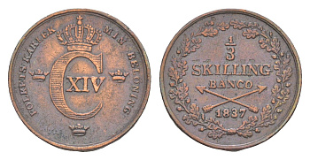 Швеция 1/3 скиллинга банко 1837 Карл XIV Юхан (1818-1844) KM 640 бронза 603-732